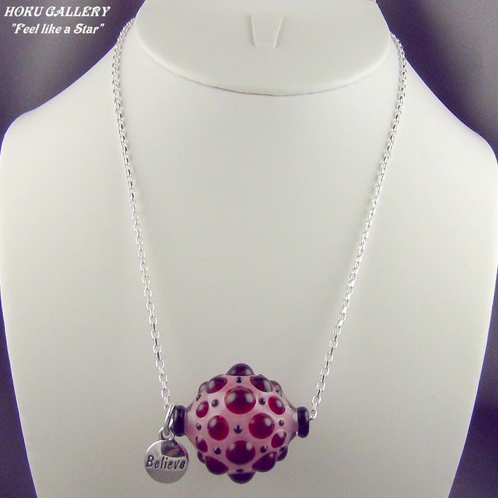 NWOT Pink w/ Burgundy Bubbles, Hollow Lampwork Glass Beaded Necklace 18 +2"